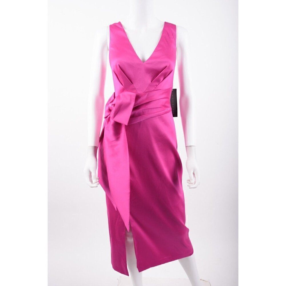 Aidan Mattox Womens Midi Dress Shutter Pleat Satin Bow Party Sz 8 Pink Flame NWT